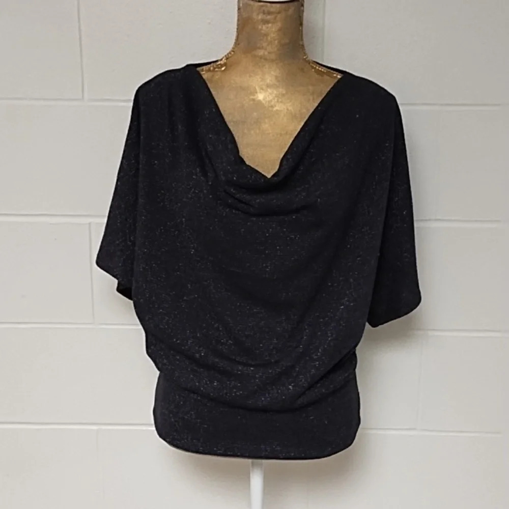 NY Collection Fine Gauge Knit Sweater, Dolman Sleeve, Black & Metallic S…